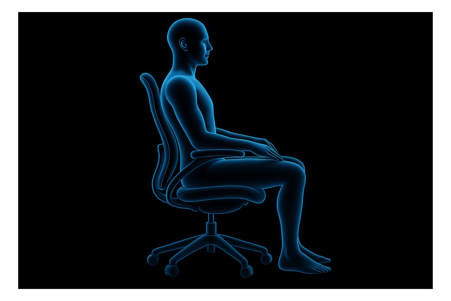 person sitting on ergonomic chair with perfect posture, comfortable and relaxed, black solid background (Inspire style graphic i send you) sticker