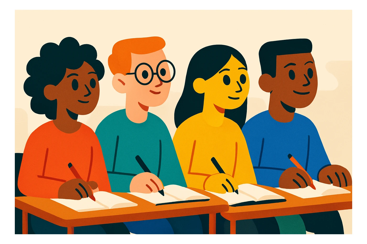 four diverse students sitting attentively following a course, studious atmosphere, modern illustration style, simple background sticker