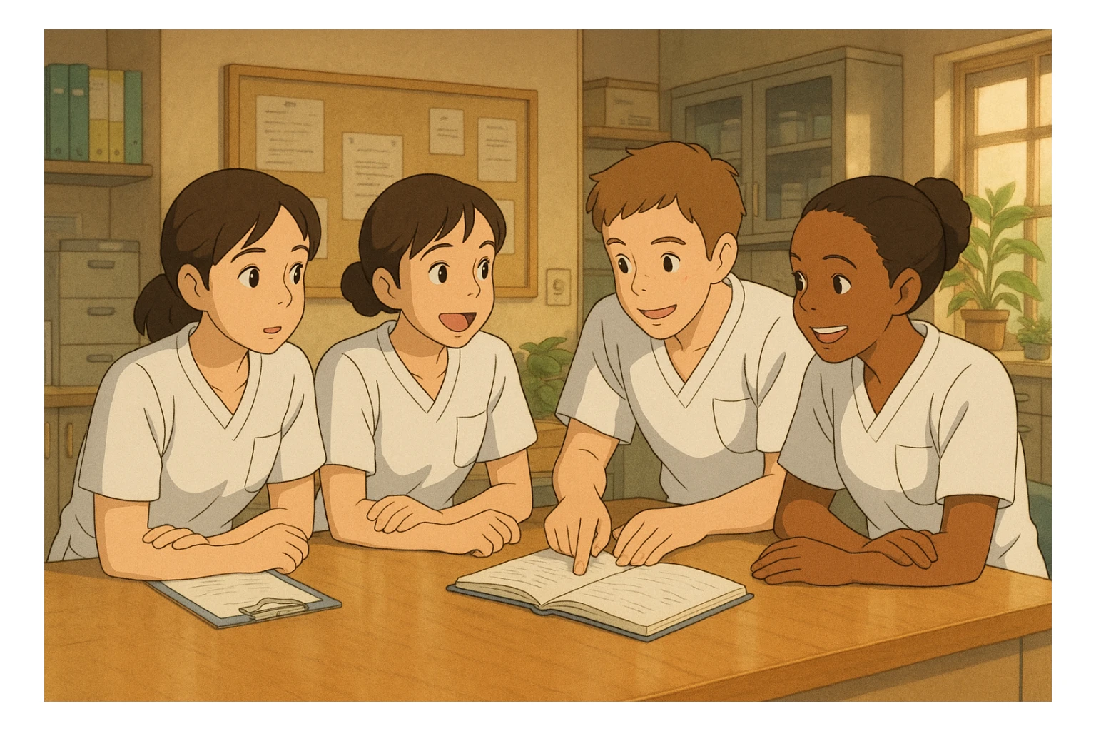 Four nursing students inspired by photos, discussing and collaborating in a care station, Ghibli style. White uniforms, V-neck tunics, left chest pocket, short sleeves, no classic collar, no stethoscopes, neat sleeves. Team atmosphere. sticker