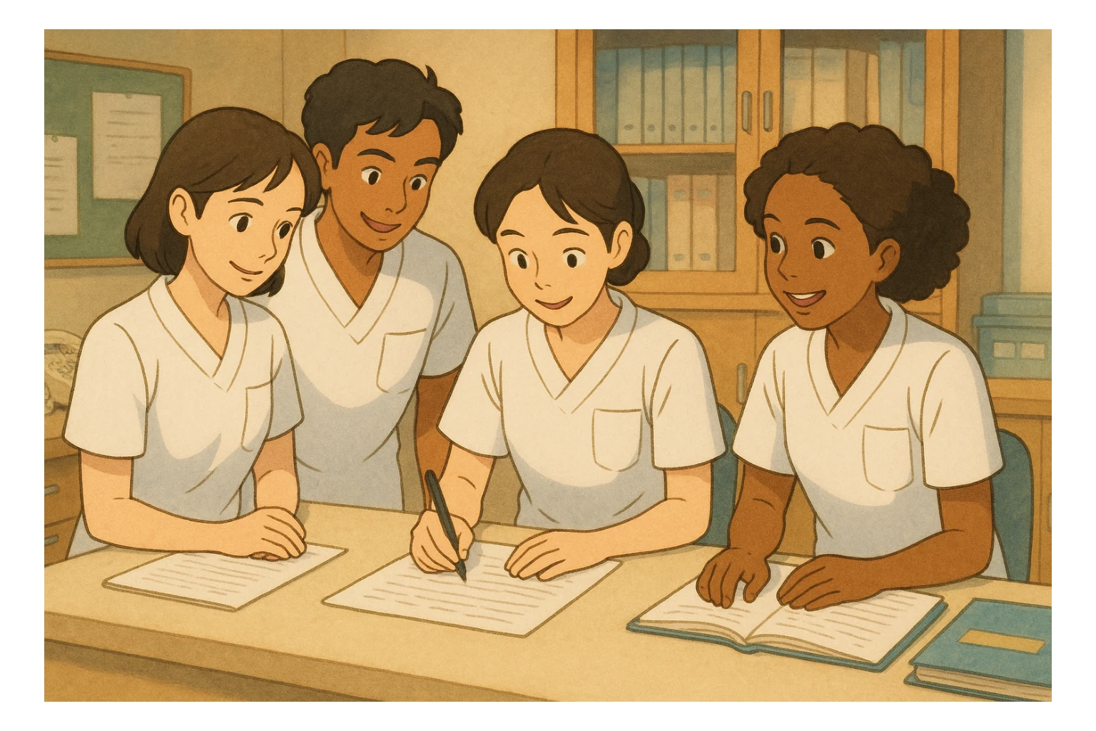 Four nursing students inspired by new photos, working together in a care station, Ghibli style, white short-sleeve medical tunics with V-neck and left chest pocket, no collars, no stethoscopes, no clothing extending from sleeves, professional and warm atmosphere. sticker