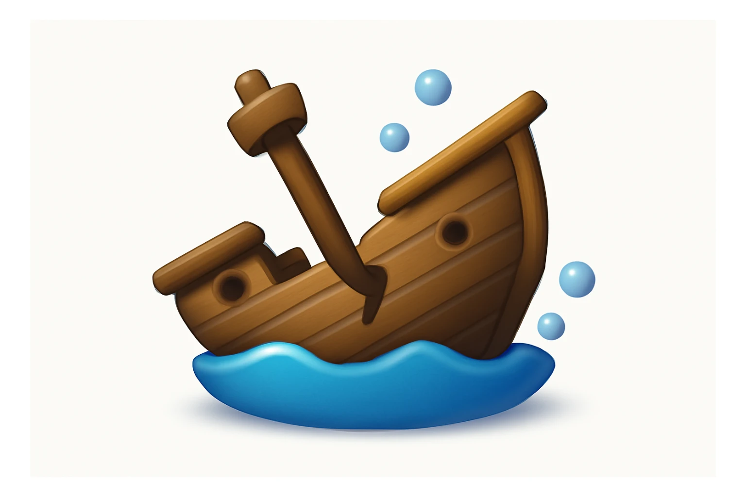 3D iPhone style emoji of a sunken ship, partly underwater, tilted and broken wooden structure, subtle bubbles around, isolated on white background, soft shadows, high detail, playful and cute. sticker