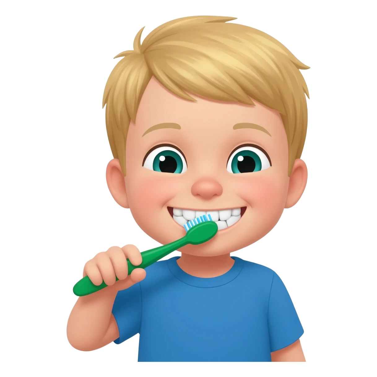 Use the same 3 year old blonde boy with green-blueish as before eyes happy brushing his teeth with a green toothbrush with a blue tshirt on sticker