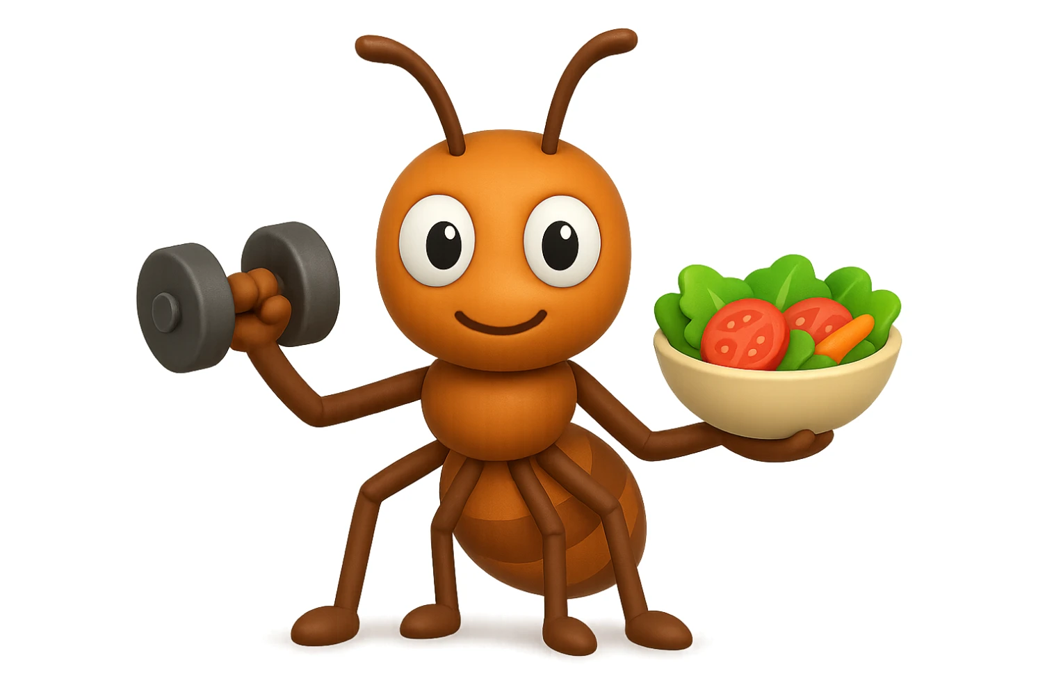 EMOJI STILE IPHONE 3D DI UNA formica CHE ha un manubrio da palestra nella mano destra e un insalata nella mano sinistra, FAGLI GLI OCCHI CON LA PARTE BIANCA, NON SOLO LA PUPILLA sticker