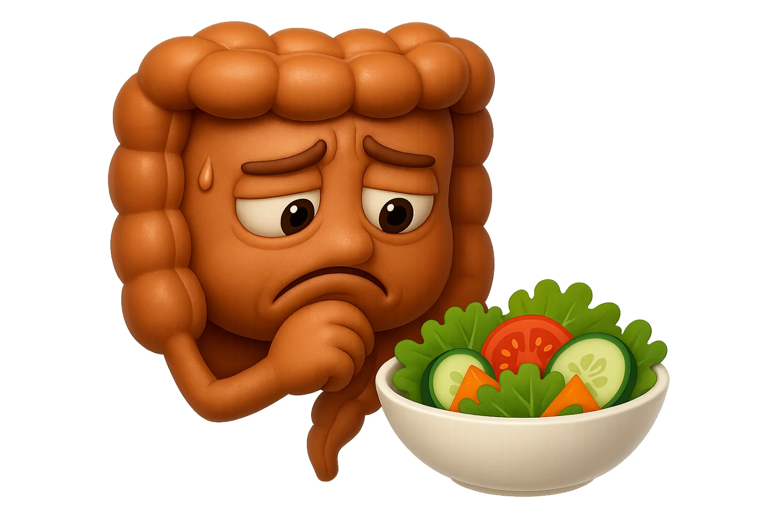 EMOJI STILE IPHONE DI UN INTESTINO UMANO ANATOMICO CHE GUARDA UN INSALATA CON ESPRESSIONE TRISTE E RASSEGNATA IN VOLTO: SOFFRE LA FAME PERCHé è A DIETA, FAGLI ANCHE LA PARTE BIANCA DEGLI OCCHI, NON SOLO LE PUPILLE, IPERREALISTICO 4K sticker