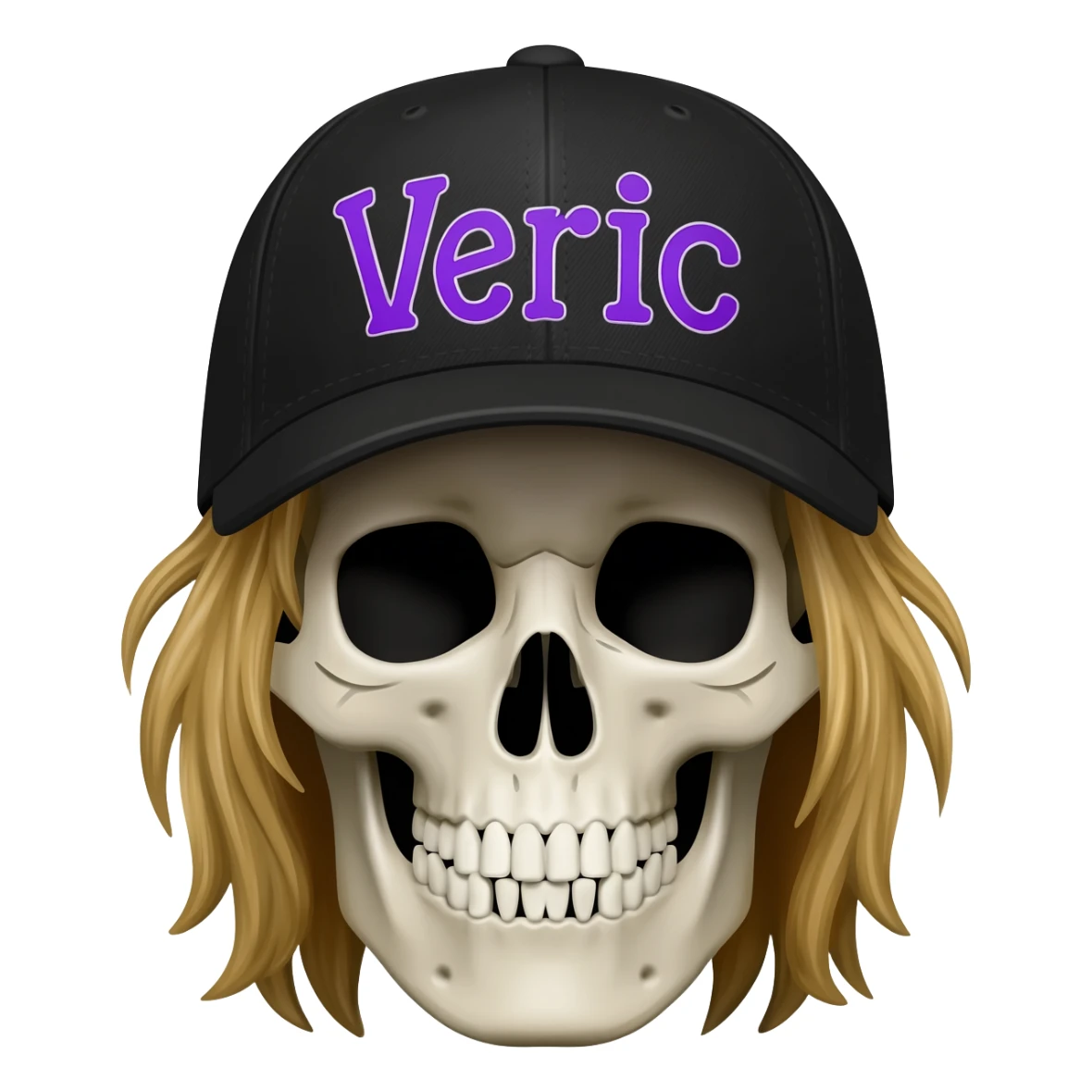 Create a skeleton head wearing a black baseball cap that says "Veric" in purple lettering, with long dirty blonde hair sticker