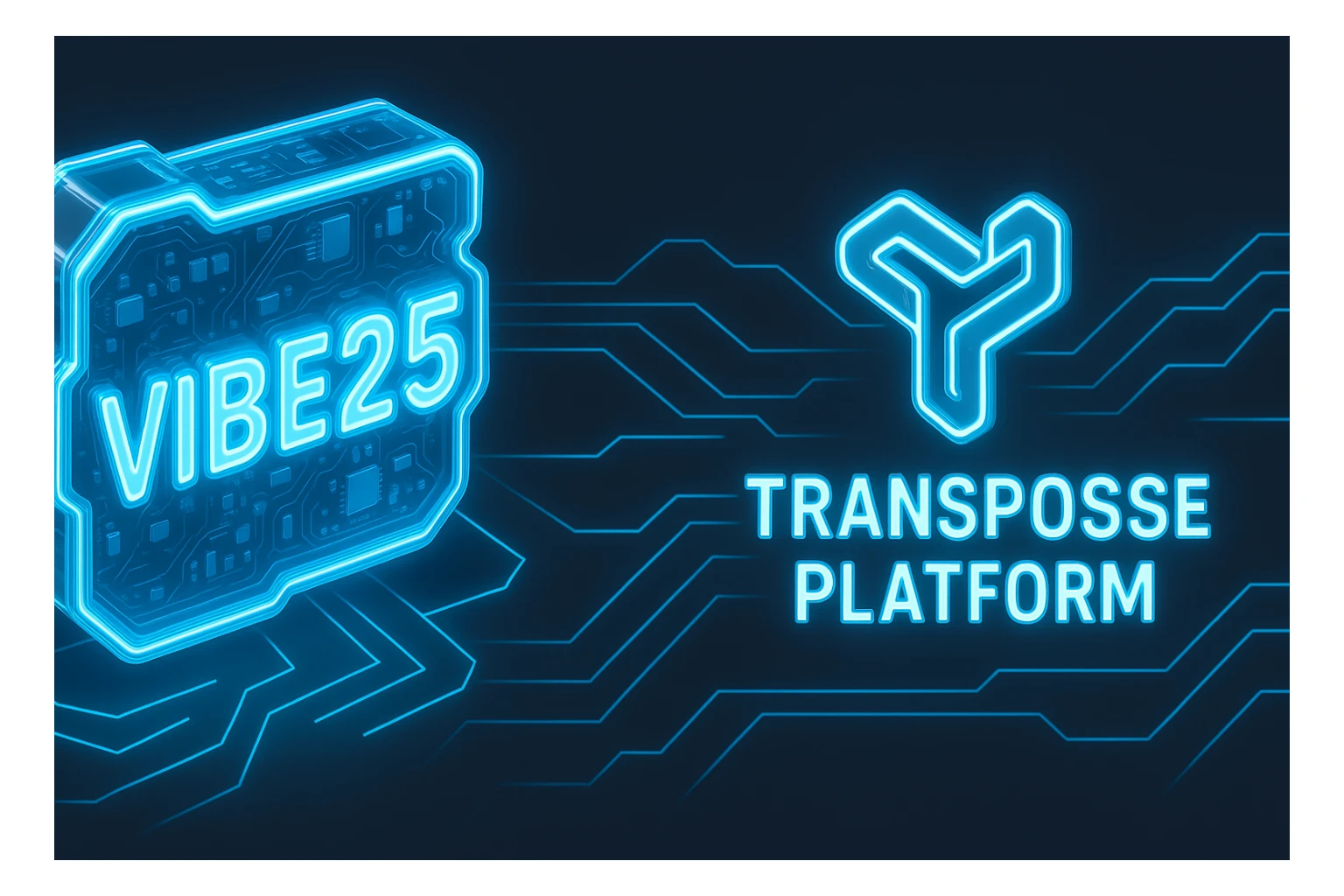 Create a wide banner in a Tron-inspired neon blue circuit style with a dark grey background and glowing circuit lines. Integrate the 3D VIBE25 logo on the left and the Transpose Platform logo on the right. Do not include the word 'Luma' or any other text. The overall look should be cohesive, futuristic, and high-tech. sticker