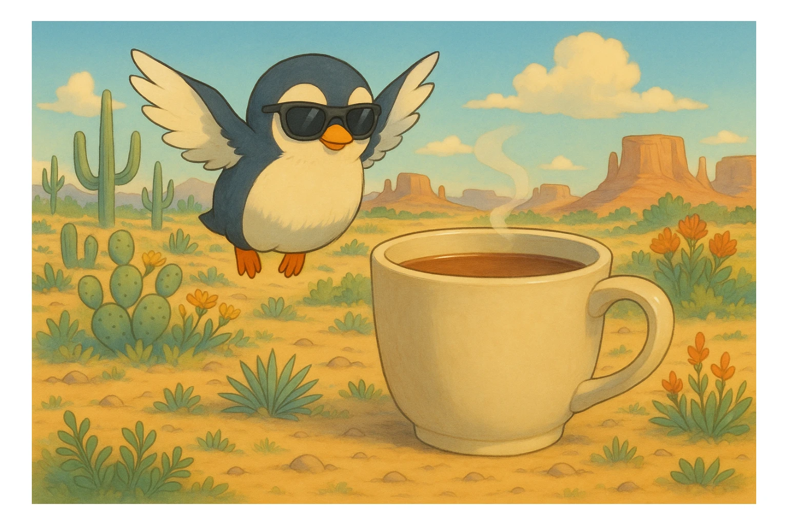 Add sunglasses to the penguin, keep the ghibli-inspired style, hovering in a desert landscape beside an oversized tea mug. sticker