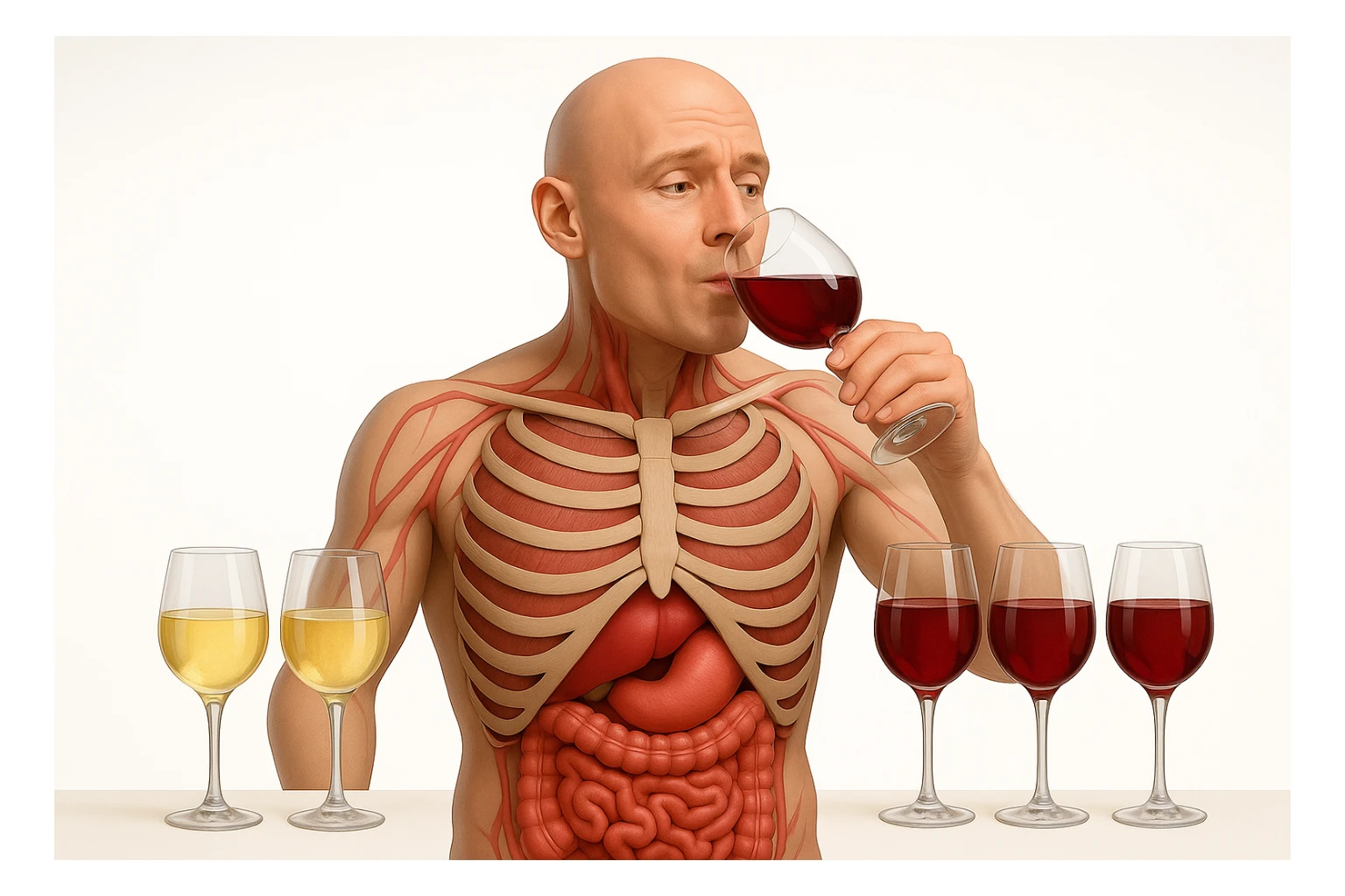 corpo umano con apparato digerente che  ha davanti a sè qualche bicchiere di vino bianco e qualche bicchiere di vino rosso, lui sta bevendo un bicchiere di vino rosso, non fare che ha il cibo in mano, prendi solo spunto dallo stile grafico della foto che ho allegato, sfondo bianco, realistico 4k sticker