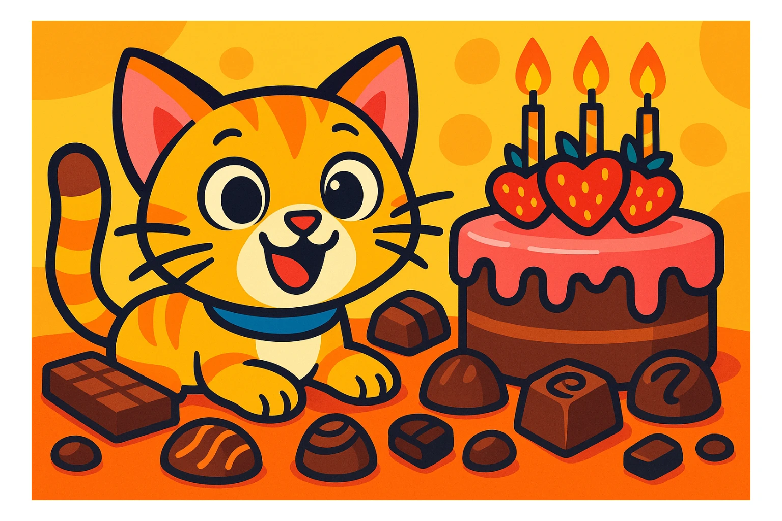 colorful cartoon style animated kitten surrounded by chocolates and a cake sticker