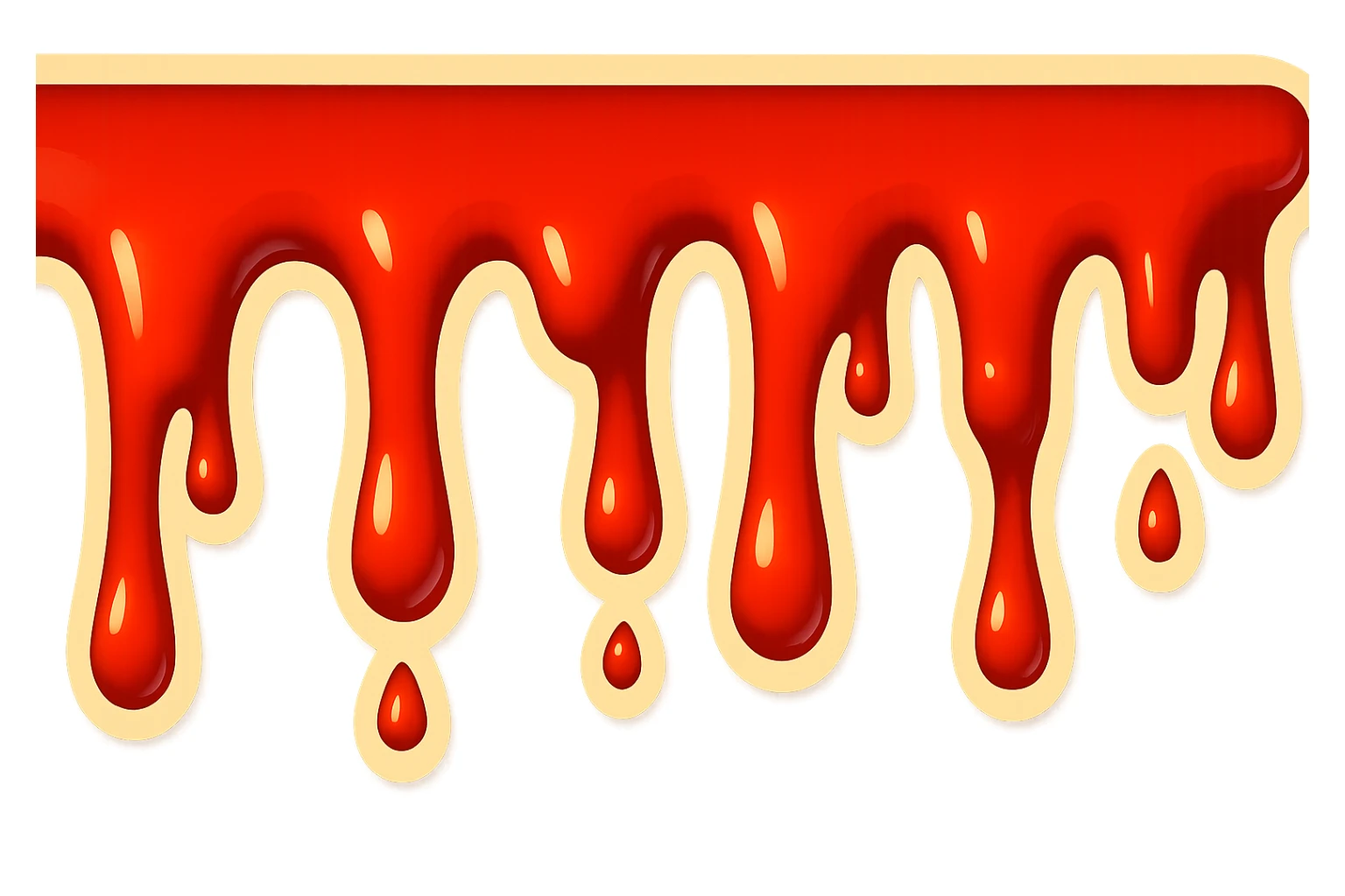 Render dripping blood in retro sticker style with drips of different lengths. The longest drip should be only half as long as in the previous render. The image should be three times longer horizontally while maintaining the same vertical height. Use a transparent background. sticker