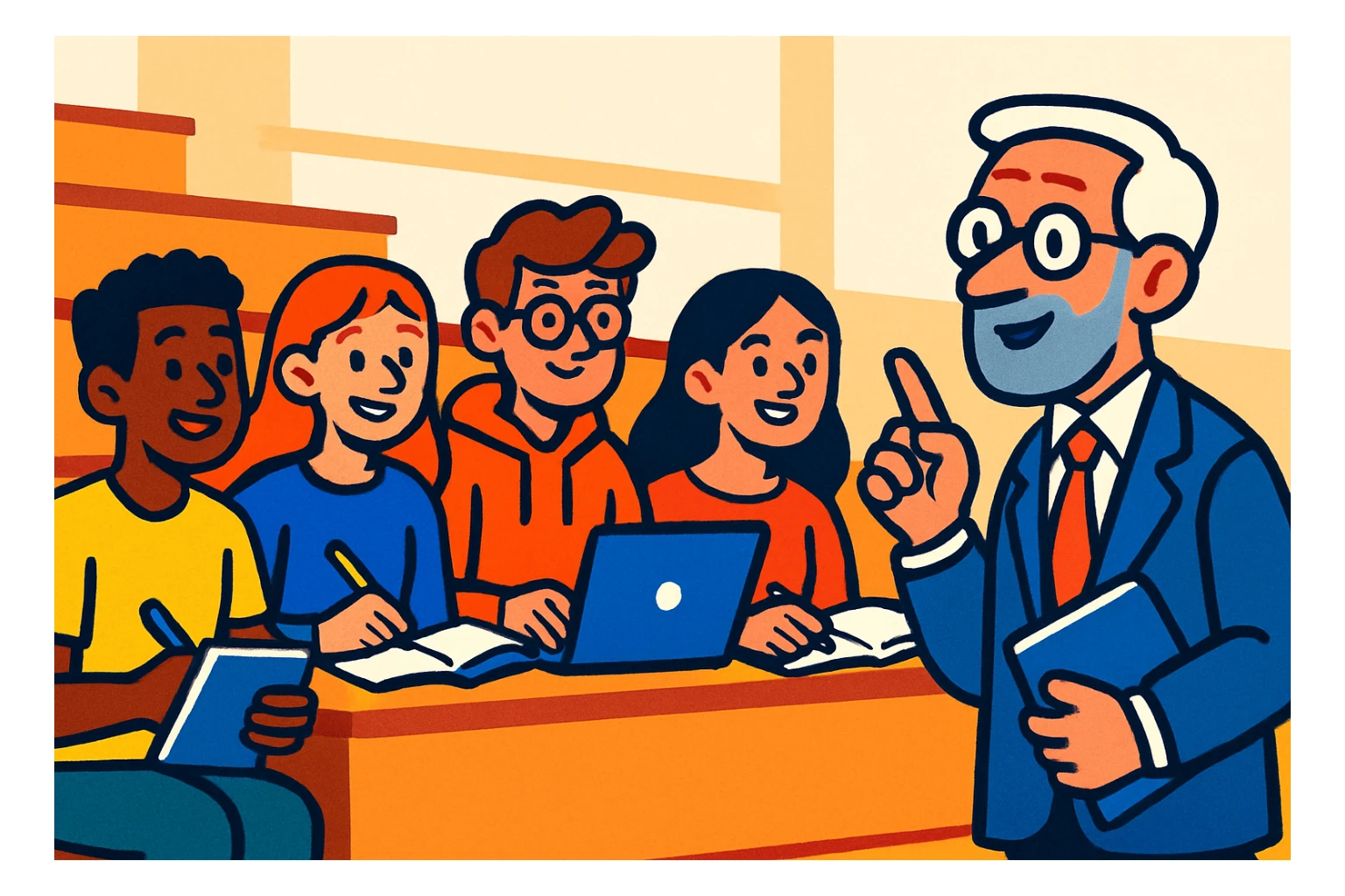 group of 4 students with notebook and laptop, listening to a professor, university atmosphere, colorful cartoon style, light background sticker