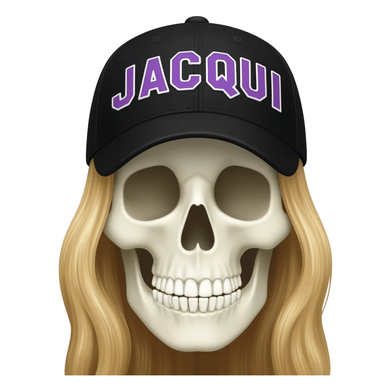 Create a skeleton head wearing a black baseball cap that says " J A C Q U I " in purple, and white lettering, with long blonde hair sticker