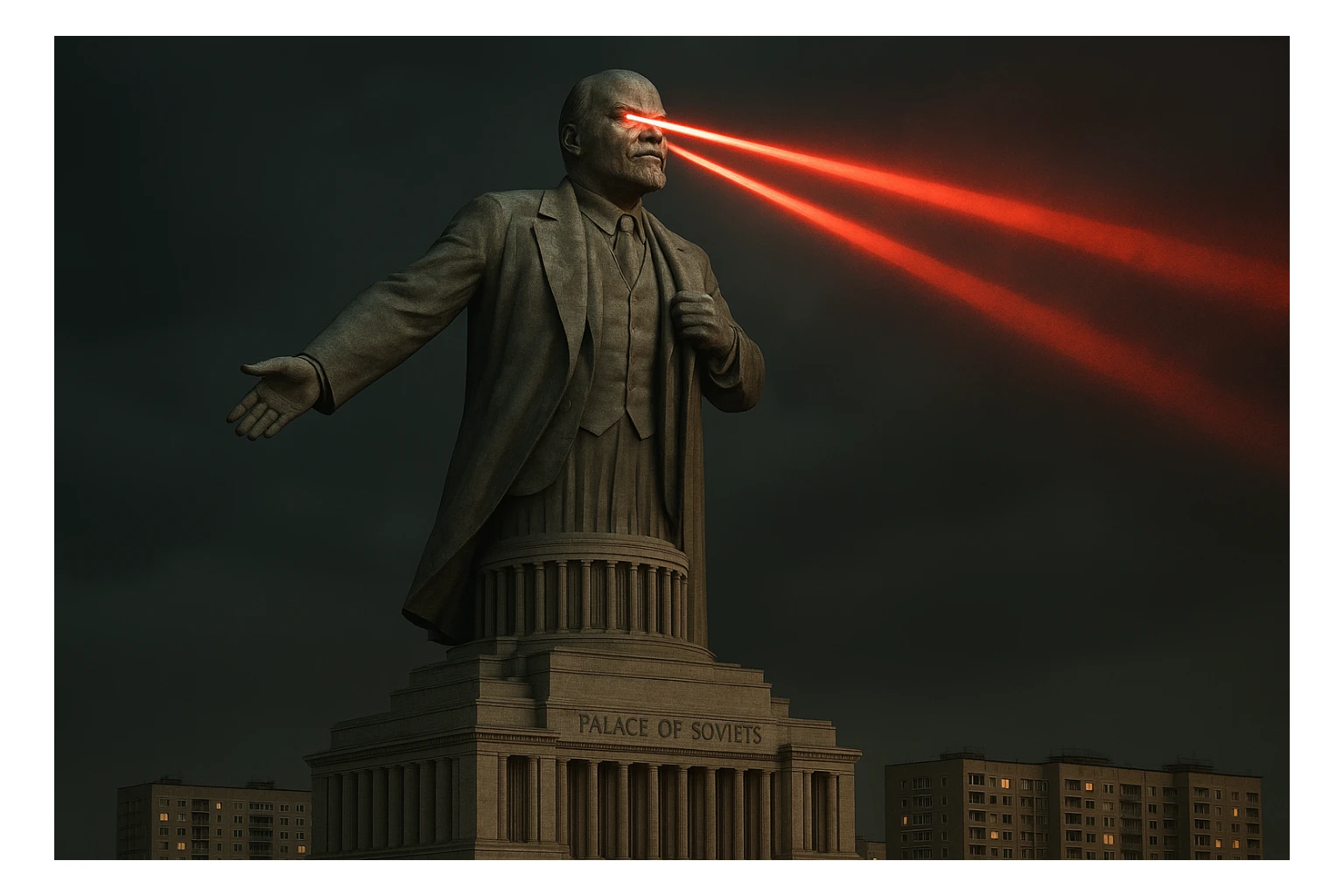 Дворец Советов, основной упор на 100-метровую фигуру Ленина, у которой из глаз вылетают 2 луча прожектора красного цвета.

На фоне можно поставить обычные пятиэтажки-панельки, которые в 20 раз меньше Дворца Советов

Стиль фото реализм sticker