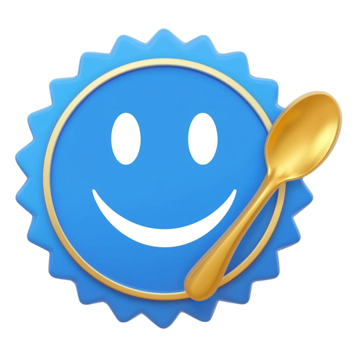 Blue verification badge, gold spoon, ribbon, emoji sticker