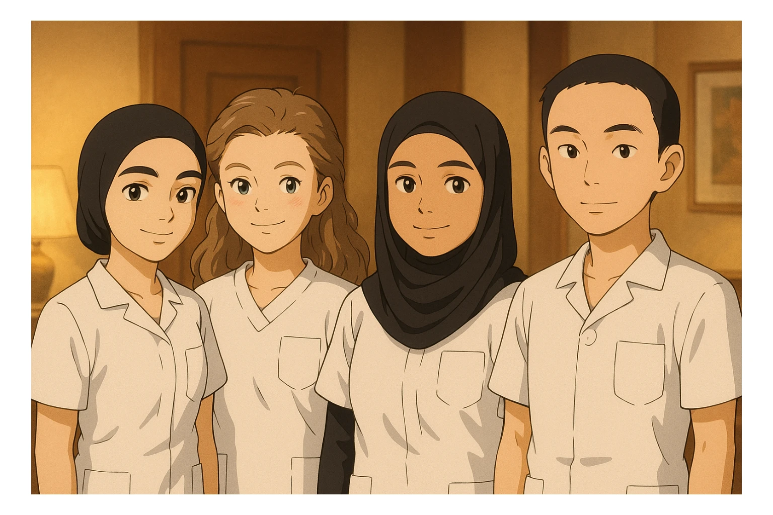 Four nursing students side by side in a warm indoor ambiance, wearing white short-sleeved uniforms with V-neck collars and left chest pockets, with variations of soft lighting, in Ghibli style. sticker