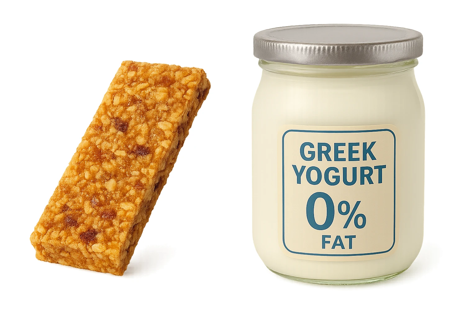 BARRETTA ENERGETICA E BARATTOLO DI YOGURT GRECO CON  LA SCRITTA "0% grassi" SULL'ETICHETTA  , ISOLATA SU SFONDO BIANCO sticker