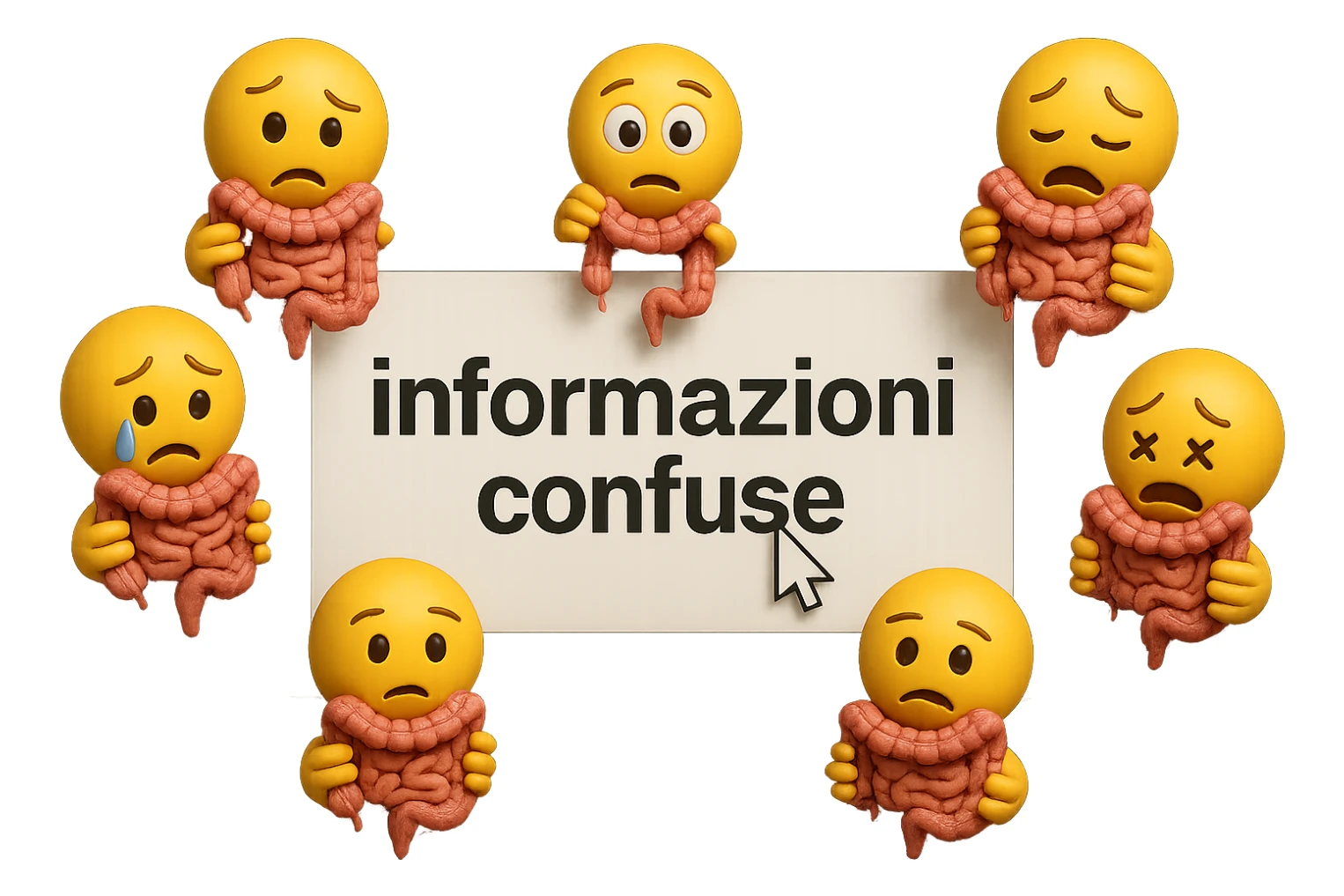 SCHERMO DI PC CON LA SCRITTA "informazioni confuse" SULLO SCHERMO E IL CLICK DEL MOUSE SULLA SCRITTA, stile emoji iphone fluttuano in aria stringendo in mano un pezzo di colon intestinale, iperrealistico 4k sticker