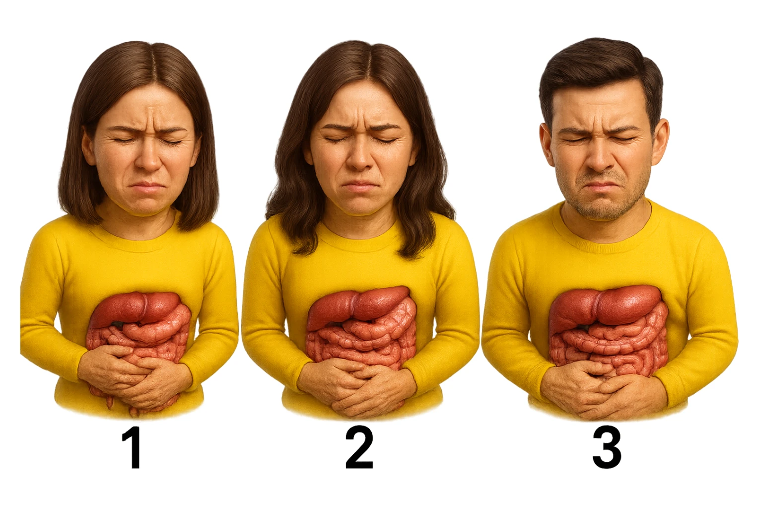 emoji stile iphone di 3 persone, due donne e un uomo, con intestino realistico e mal di pancia, sulle donne ci sono i numeri 1, 2 e sull'uomo il 3, iperrealistico 4k sticker