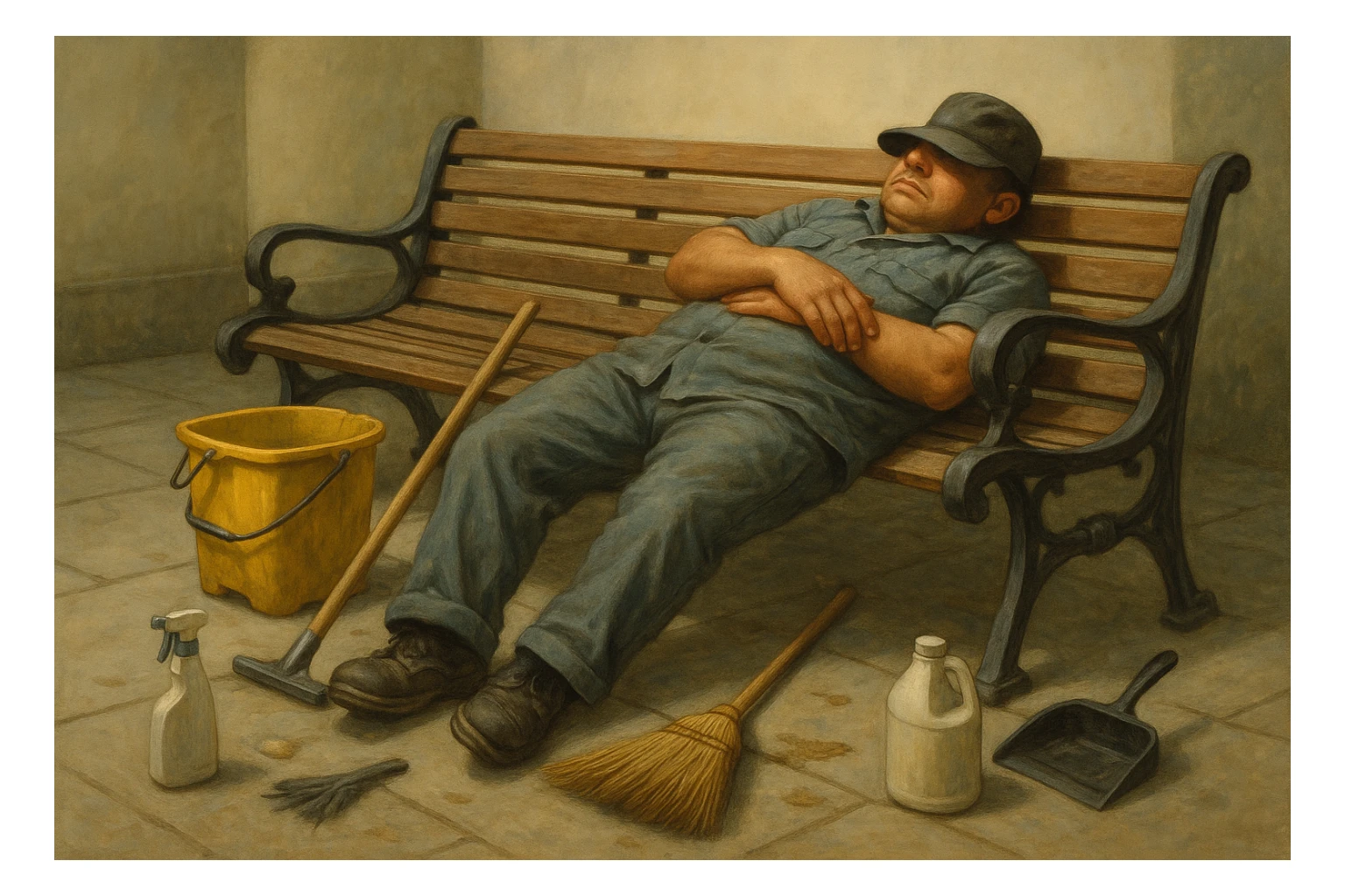 lazy janitor lying on a bench, cleaning supplies scattered, hat over eyes, sleeping sticker