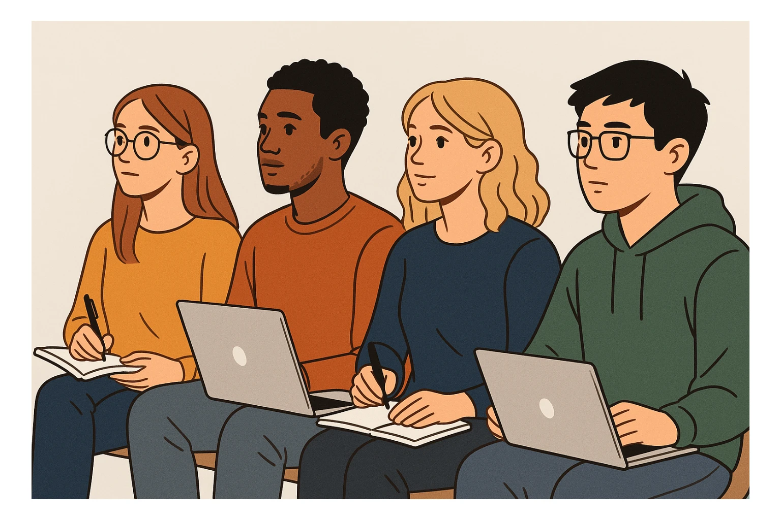 four attentive students sitting and following a university course, diverse group, with notebooks and laptops, modern illustration style, simple background sticker