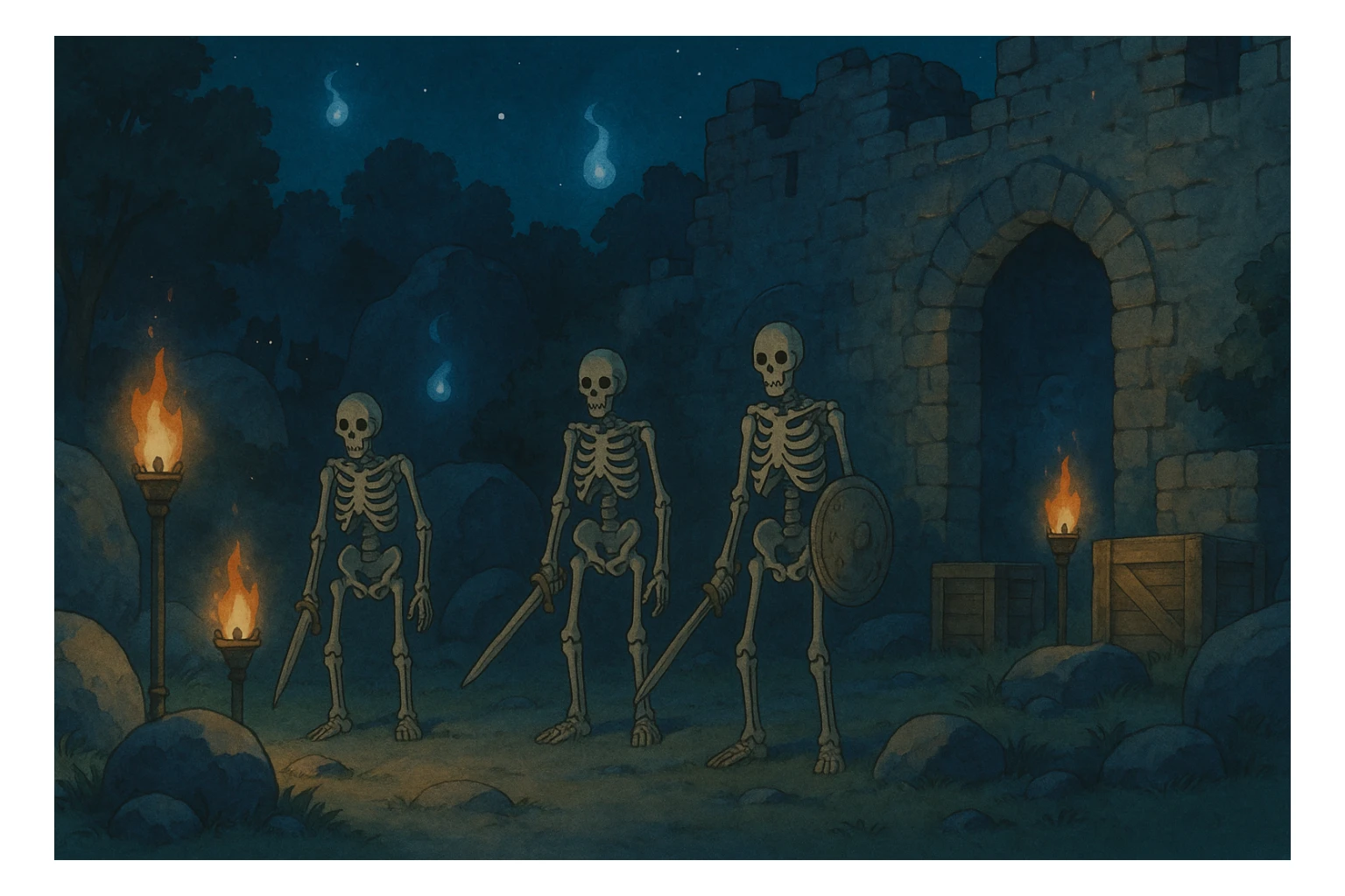 midnight within the ruins of abandoned castle yard, protrude boulders, amid iron torches and crates tucked behind, skeleton warriors, wisps, and wolves linger just in the edge of view behind scenery, very subtly, appearing safe with hidden threat sticker