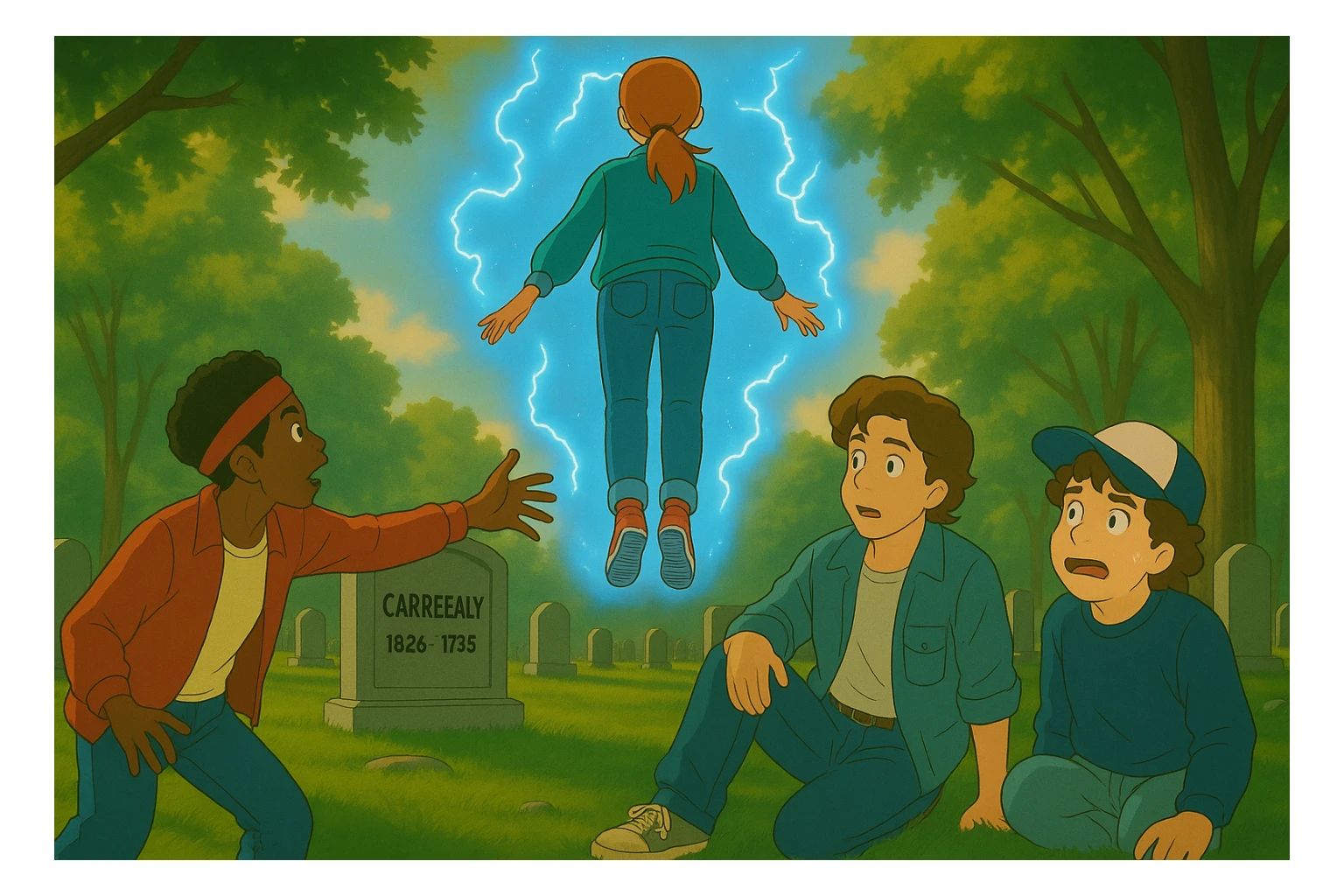 Max from Stranger Things levitating above a grave in a cemetery, seen from behind and in front of Lucas, Steve, and Dustin. Lucas is getting up and reaching out to help Max, Steve is watching, and Dustin looks scared. Render in Ghibli style with wide aspect ratio (16:9), supernatural glowing effects, expressive and cinematic atmosphere. sticker