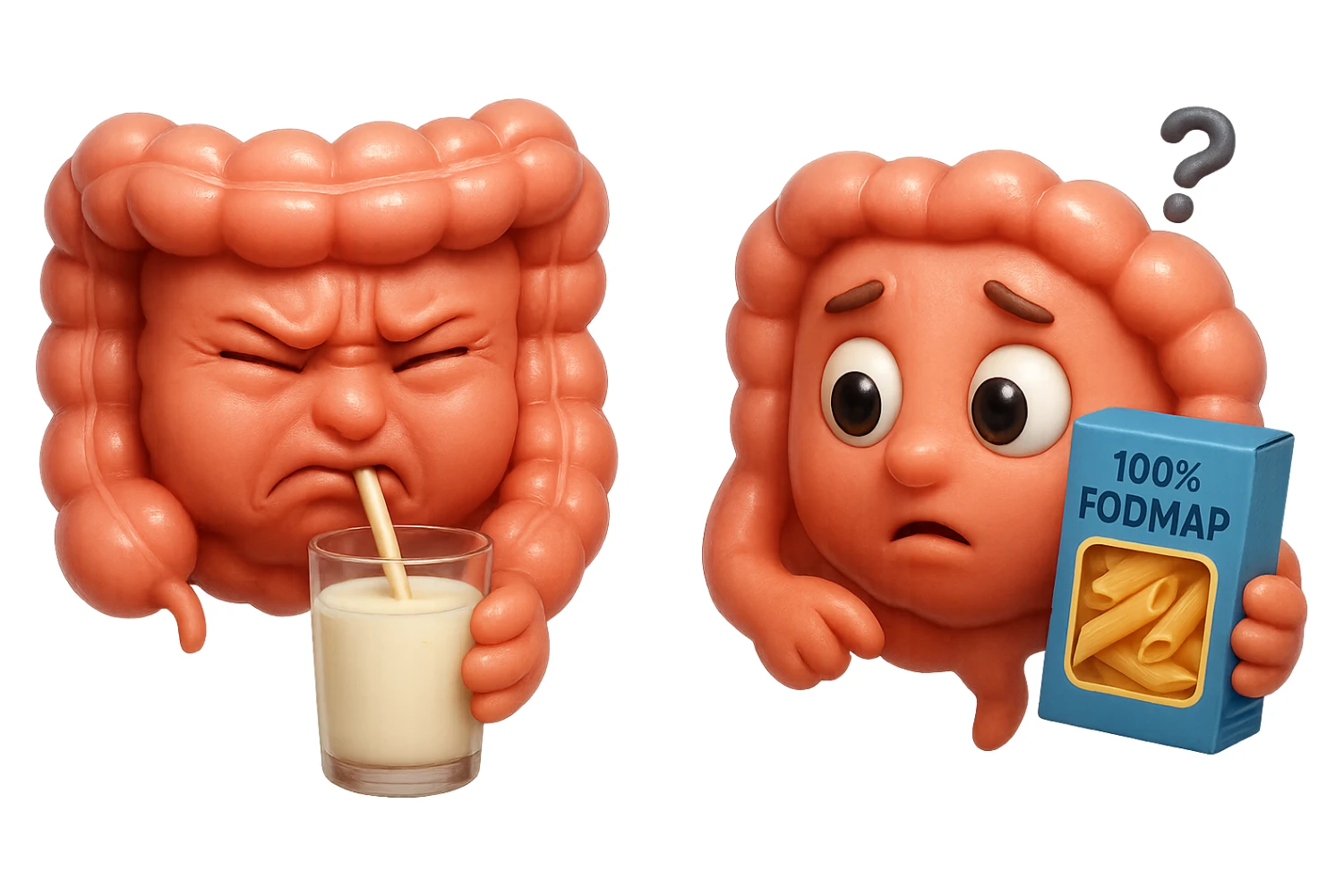 emoji stile iphone di un intestino che beve latte e ha un espressione di dolore e un intestino che guarda un pacco di pasta con la scritta "100% FODMAP" SULL'ETICHETTA CON ESPRESSIONE CONFUSA, iperrealistico 4k, isolato su sfondo bianco sticker