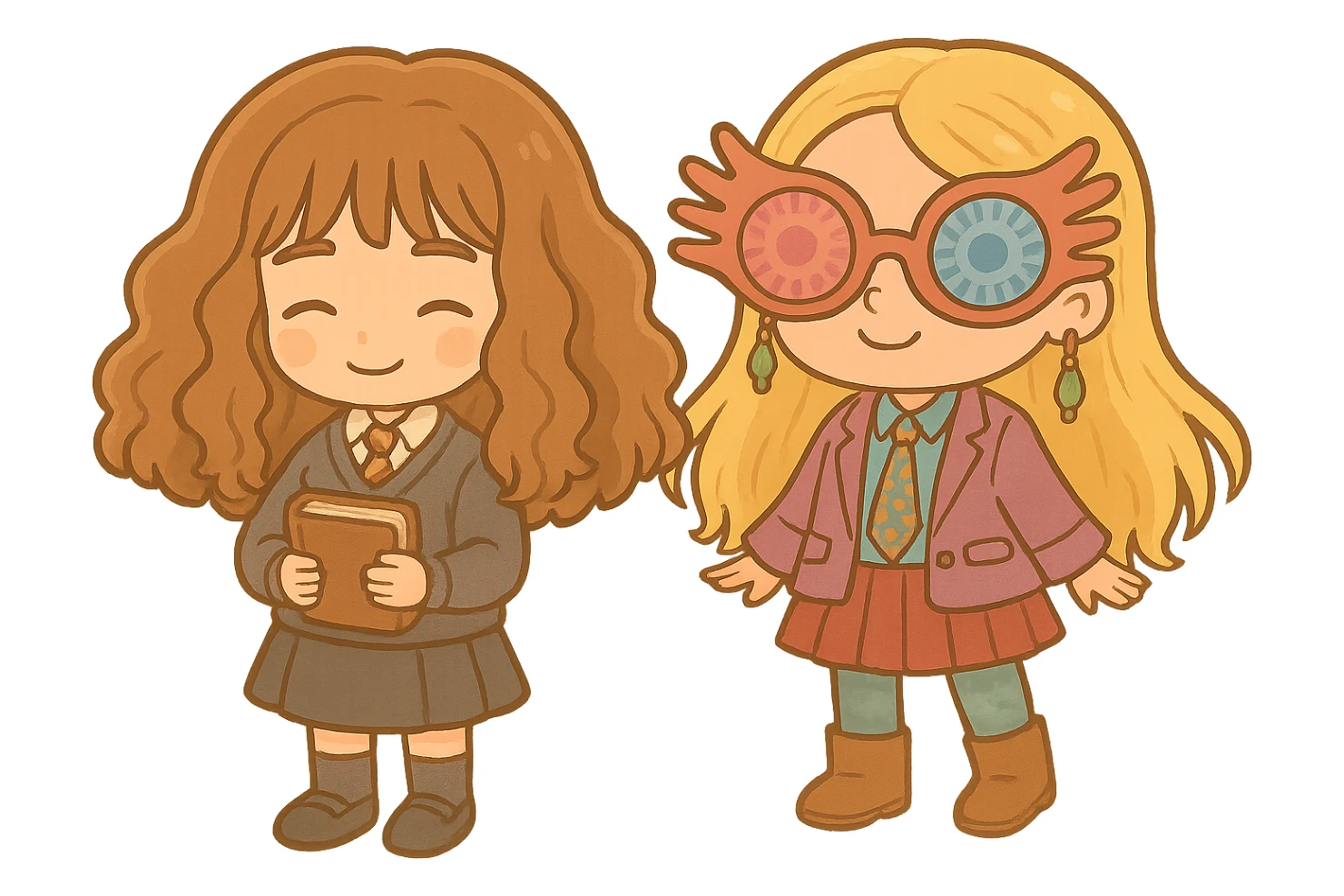 Combine the two characters side by side in a cute chibi style, maintaining a transparent background. Both characters should be adorable and harmonious in the chibi stickers style. sticker