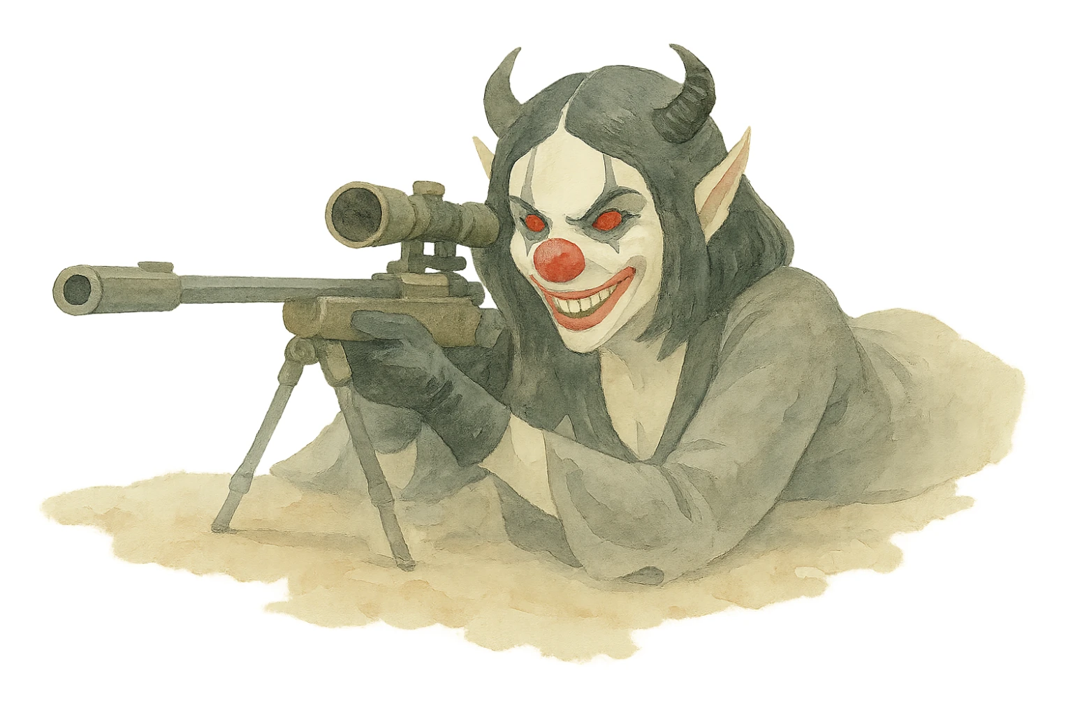 Evil clown assassin, prone and aiming a sniper rifle, watercolor art style, soft edges, flowing colors, artistic, transparent background. sticker