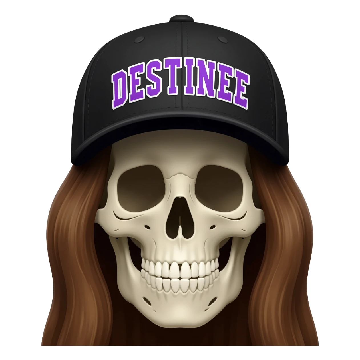 Create a skeleton head wearing a black baseball cap that says " DESTINEE " in lavender, and white lettering, with long brown hair sticker