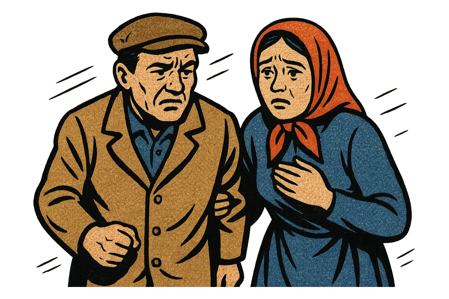 A poor eastern european husband and wife looking worried while walking outside sticker