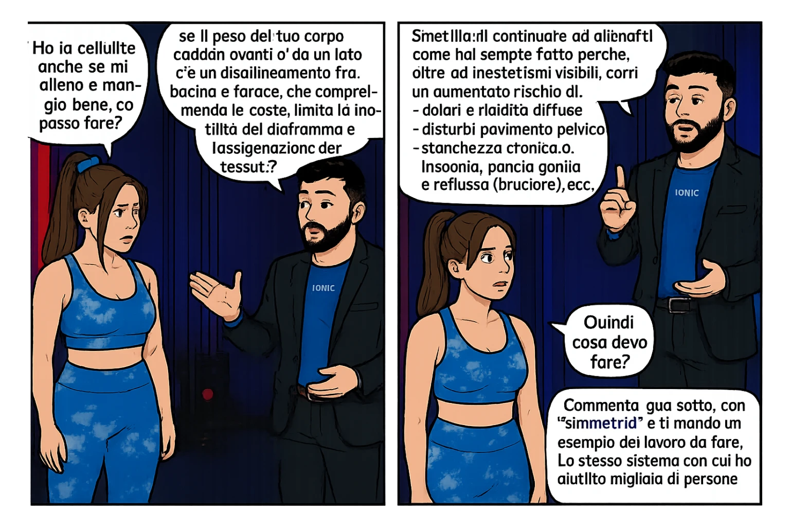 TRASFORMA QUESTO CAROSELLO IN UN FUMETTO CON QUESTE DUE PERSONE IDENTICHE CHE INTERLOQUISCONO TRA LORO:

Ho la cellulite anche se mi alleno e mangio bene, cosa posso fare?

Hai controllato il tuo baricentro corporeo?
Sapevi che se il peso del tuo corpo cade in avanti o da un lato, c’è un disallineamento fra bacino e torace, che comprimendo le coste, limita la motilità del diaframma e l’ossigenazione dei tessuti?
Il mio è il primo e unico percorso che lavora sugli inestetismi con un lavoro mirato sul baricentro corporeo.

Smettila di continuare ad allenarti come hai sempre fatto perché, oltre ad inestetismi visibili, corri un aumentato rischio di:
    • dolori e rigidità diffuse
    • disturbi pavimento pelvico
    • stanchezza cronica o insonnia
    • pancia gonfia e reflusso (bruciore)
    • etc…


Quindi cosa devo fare?
Commenta, qua sotto, con “simmetria” e ti mando un esempio del lavoro da fare. Lo stesso sistema con cui ho aiutato migliaia di persone, fra cui centinaia di donne a risolvere definitivamente gli inestetismi.
Metterei il prima e dopo

Se vuoi che ti aiuti personalmente
SCRIVIMI IN DIRECT sticker
