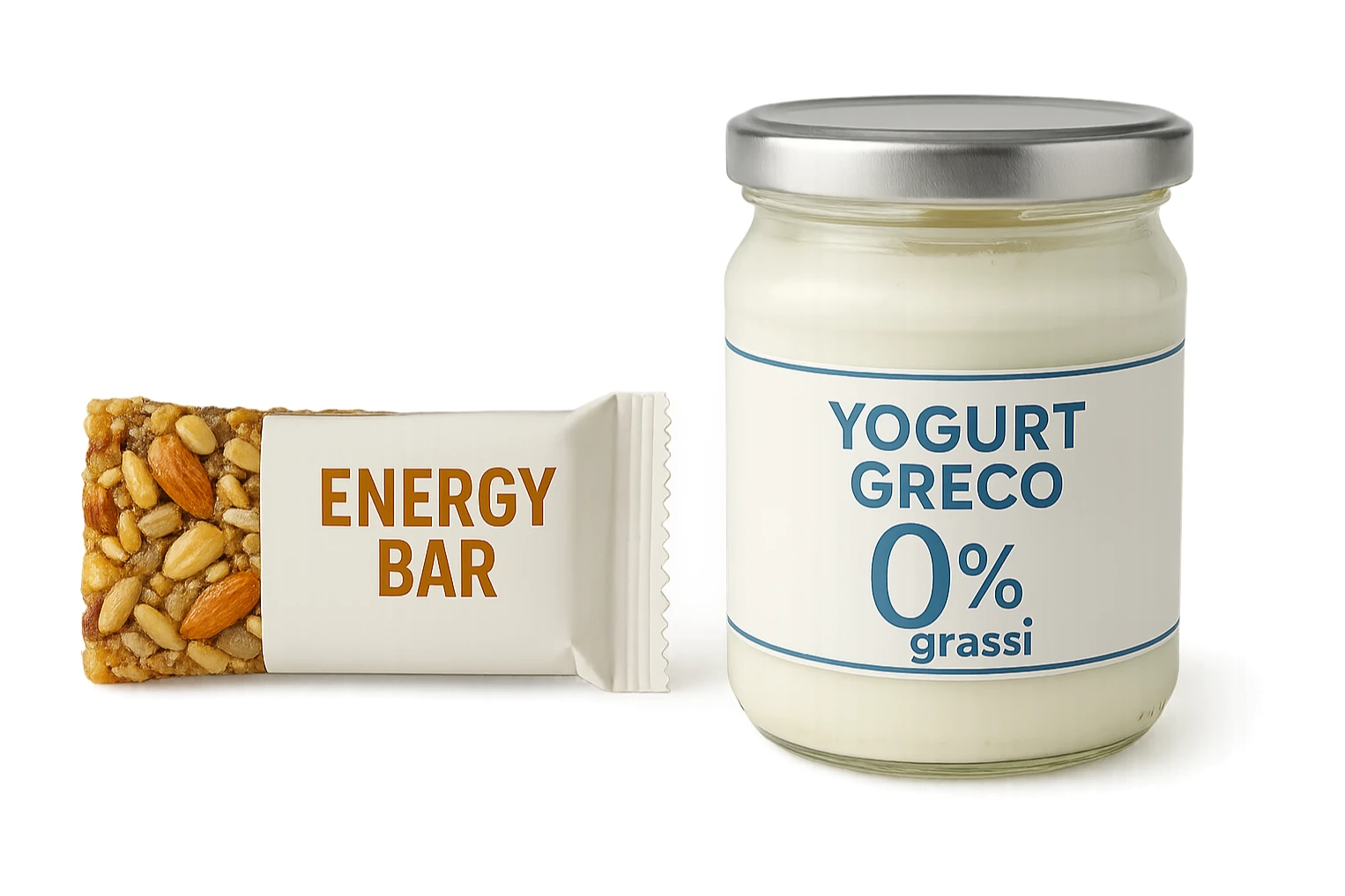 BARRETTA ENERGETICA E BARATTOLO DI YOGURT GRECO CON  LA SCRITTA "0% grassi" SULL'ETICHETTA  , ISOLATA SU SFONDO BIANCO sticker