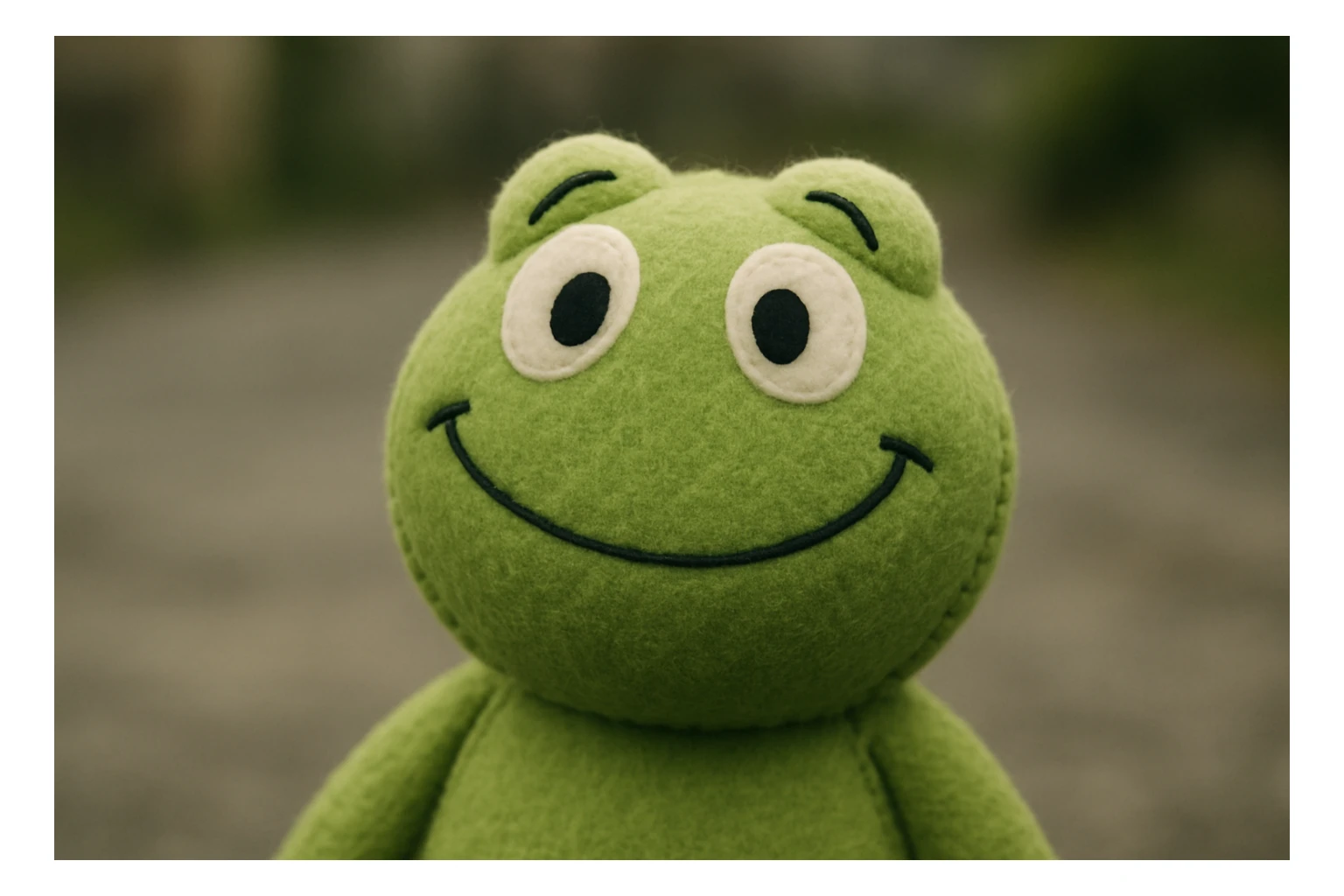 happy plushie Kermit the Frog face with emoji expression, soft and cute, plush toy style sticker