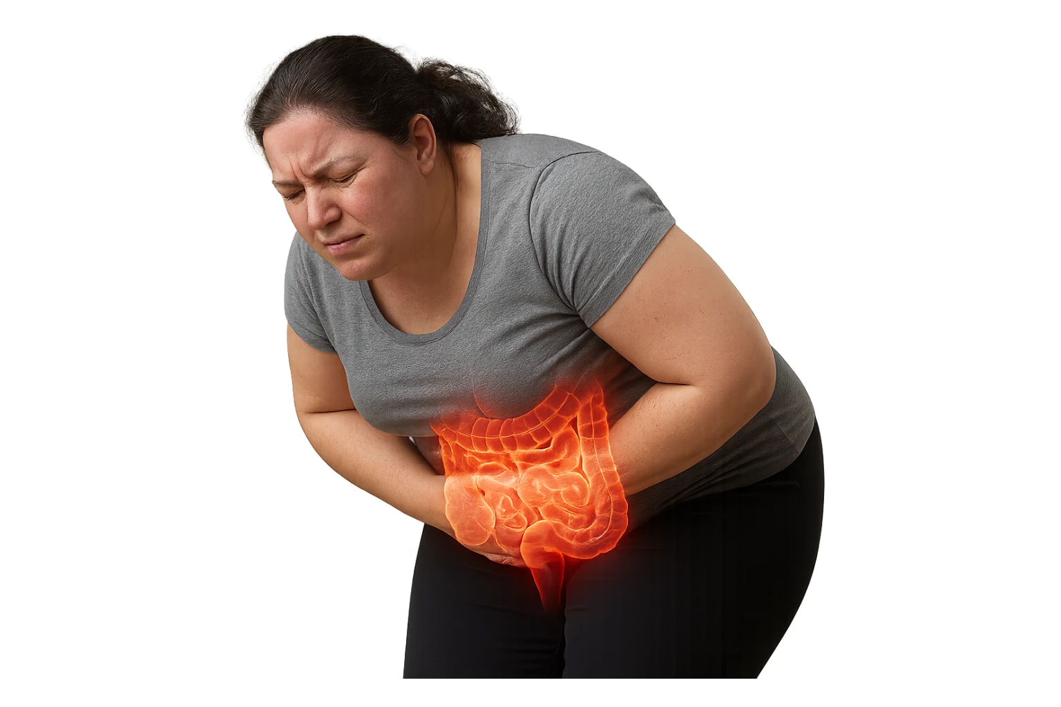 DONNA LEGGERMENTE SOVRAPPESO PIEGATA IN AVANTI FRONTALMENTE CON INTESTINO ANATOMICO IN EVIDENZA, MAL DI PANCIA iperrealistico 4k sticker