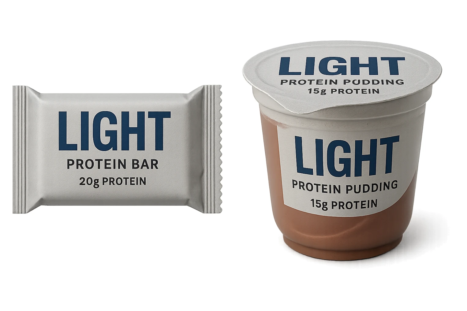 BARRETTA PROTEICA CON LA SCRITTA "LIGHT" SULL'ETICHETTA E BUDINO PROTEICO CON LA SCRITTA "LIGHT" SULL'ETICHETTA, IPERREALISTICA 4K sticker