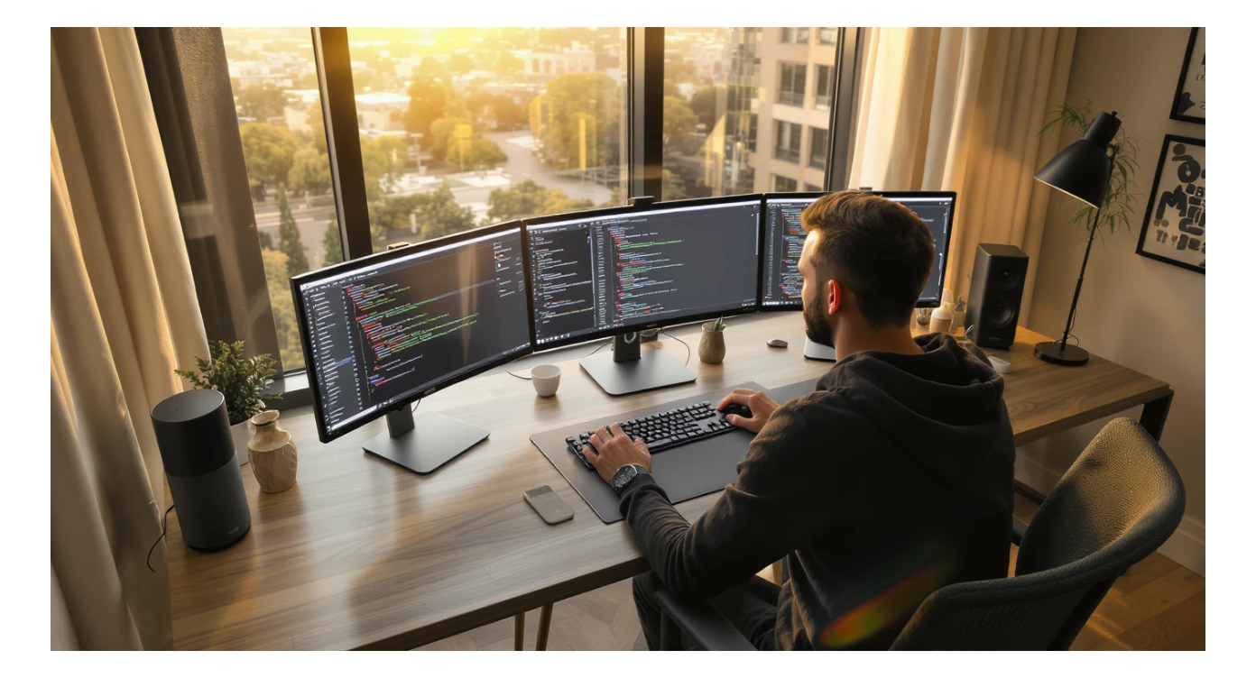 Cinematic shot of a programmer programming on tripple display setup PC, top dutch angle, Warm bright vibe, modern clean expensive minimalistic apartament, model is dress like designer, morning, big window, captured on arri alexa sticker