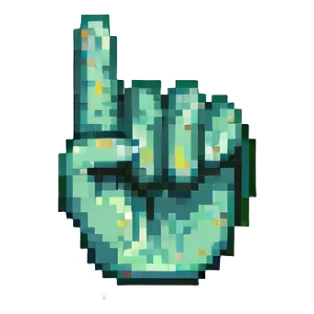 hand gesture representing the 'DEAL' hand sign, fingers forming the letters D, E, A, L, pixel art style sticker