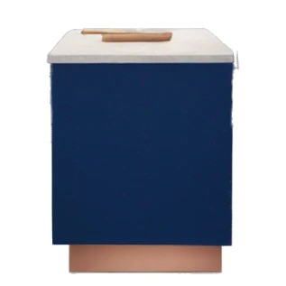 Realistic front facing rose gold hanging kitchen cabinets with cobalt blue counter tops. sticker