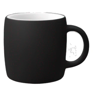 Black ceramic round mug, white on the inside, rubbery on the outside with no face sticker