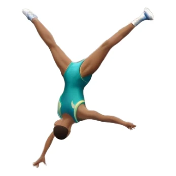 An athletic person soaring high above a trampoline, executing an acrobatic flip with perfect form. The scene captures motion and energy, with a dynamic pose, stretched limbs, and a focused expression. The background suggests a professional trampoline arena with safety padding. sticker