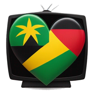 A heart-shaped Jamaican flag with a small golden wedding ring hanging off one side. Inside the heart, there's a miniature TV screen showing a play button. The TV is flanked by two tiny palm trees  sticker