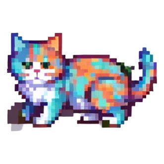 a cute cat, simple and colorful, pixel art style sticker