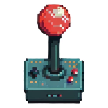 A classic arcade joystick with red ball top and buttons in pixel art style sticker