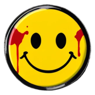 Yellow circular smiley face pin with a small red blood splatter on it sticker