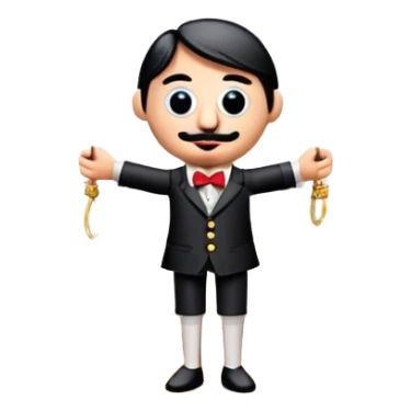 Icon for Puppet Theater: a puppet on strings with theatrical curtains in the background, along with a small stage and dramatic lighting. The icon should represent the whimsical and artistic nature of puppet performance. Transparent background. sticker