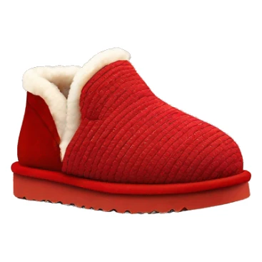 platform slip-on UGG slippers. has a thin red woven zig-zag trim detail on the cuff sticker