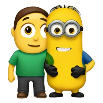 men, brown eyes holding between his arms a minion with green eyes sticker