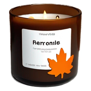 Realistic brown glass 3 wick candle with wicks lit and an orange glitter maple leaf as the label on outside of candle sticker
