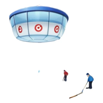 please, An icon featuring the curling rink, with its distinctive circles, and a vibrant crowd in the stands. Snowflakes fall outside the arena, and bright lights illuminate the ice. a curling stone sliding across the ice, with a broom nearby. Transparent background. sticker